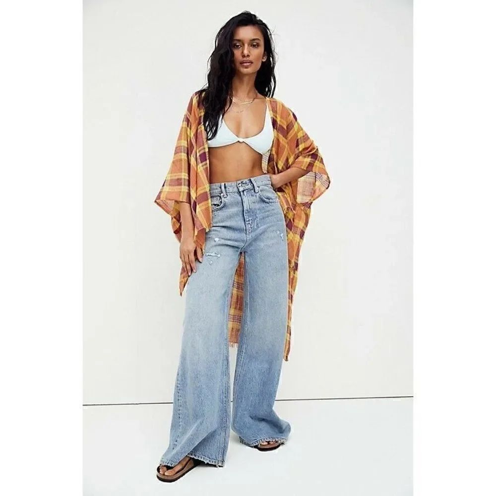 NEW FREE PEOPLE BLOSSOM PLAID LINEN KIMONO FRAY HEM DUSTER XS S M L